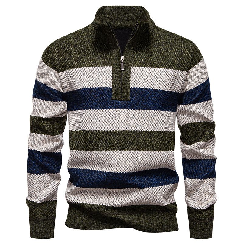 "Men's Stand Collar Half-Zip Knit Sweater – Plush Fleece-Lined Winter Pullover With Sporty Badge Detail (Navy/Green/Beige, M-3XL)"_viptrois.com