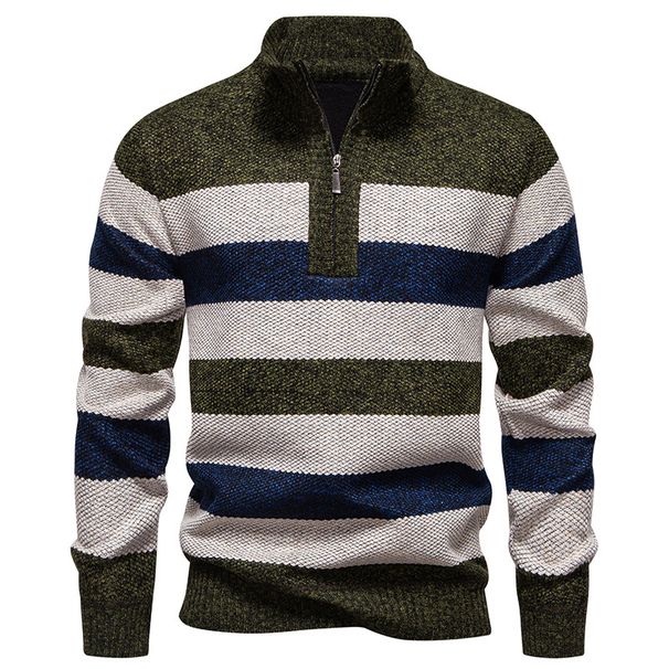 "Men's Stand Collar Half-Zip Knit Sweater – Plush Fleece-Lined Winter Pullover With Sporty Badge Detail (Navy/Green/Beige, M-3XL)"_viptrois.com