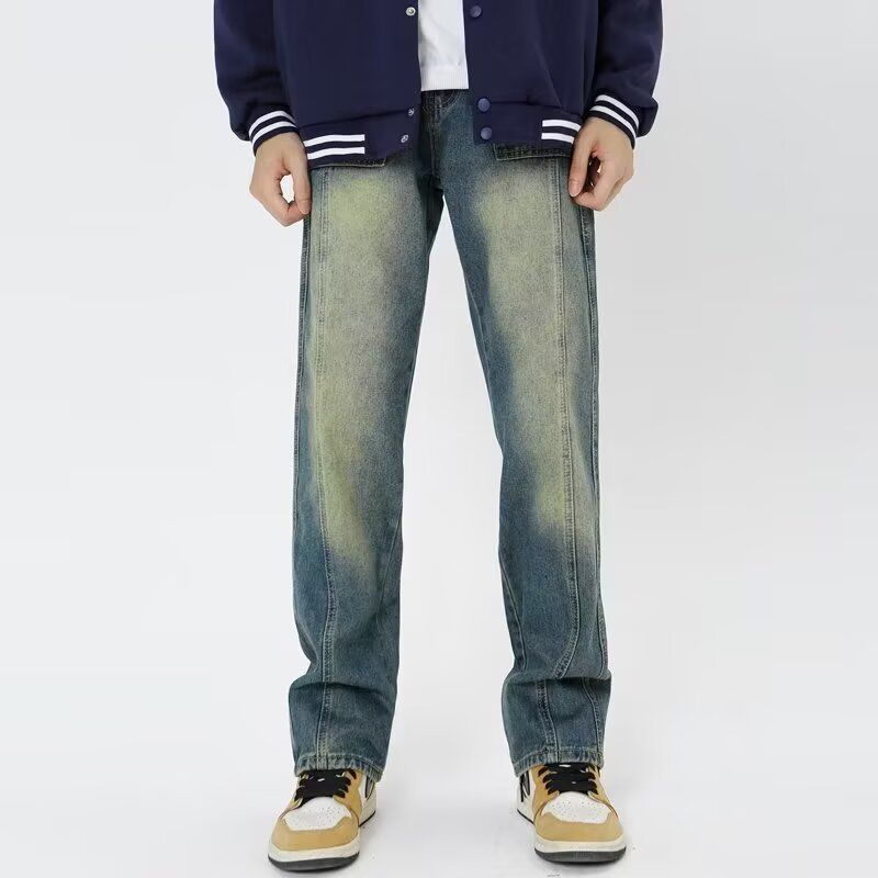 JFU European And American High Street Style Vibe Jeans, Spring And Autumn Retro Straight Leg Jeans For Men, American Street Style Long Pants._viptrois.com