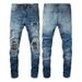 Men's Clothing Washed Cat Whisker Wrinkled Hole Patchwork Leather Elastic Slim Fit Skinny Jeans_viptrois.com