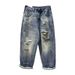 Vintage Washed Distressed Denim Jeans For Men, Relaxed Fit Straight Leg Loose Casual Trousers, Retro Blue Denim Pants_viptrois.com
