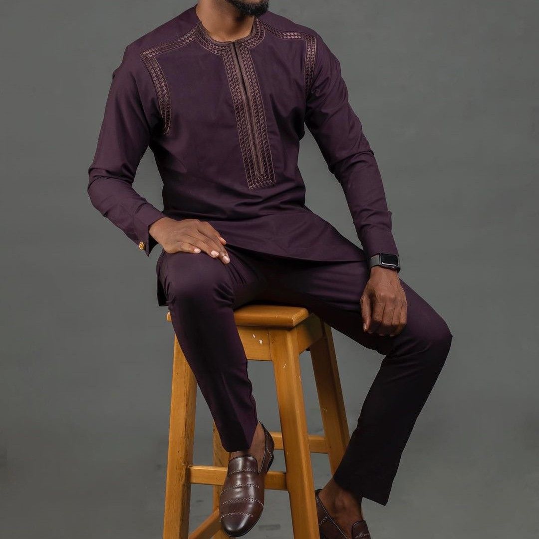 Men's Clothing Ethnic Style Long Sleeve Embroidery Casual 2 Piece Suit_viptrois.com