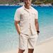Men's Clothing Waffle Texture Short Sleeve Shirt Shorts Set Breathable Outfit, Casual (Black, Grey, Wine Red, Khaki, Dark Green, White) - S-XXXL_viptrois.com