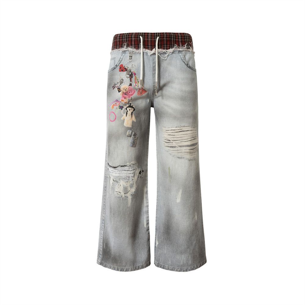Two-Piece Plaid Patchwork Waistband Denim Flared Men's Ripped 3D Digital Print Vintage Dirty Long Pants_viptrois.com