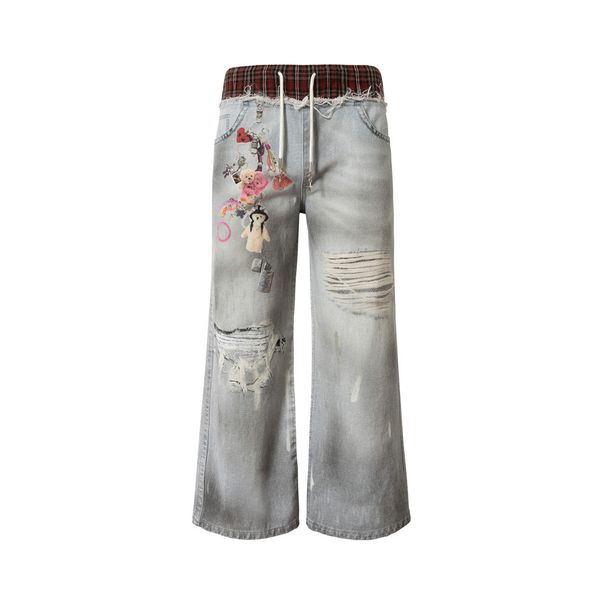 Two-Piece Plaid Patchwork Waistband Denim Flared Men's Ripped 3D Digital Print Vintage Dirty Long Pants_viptrois.com