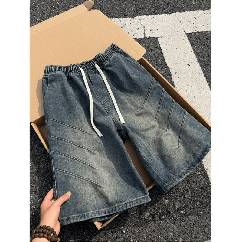 Men's Washed Black Gradient Distressed Denim Shorts Trendy Summer Style Cool And Edgy Drawstring Cropped Pants_viptrois.com