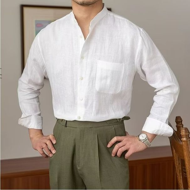 Men's Clothing Commuting Light Mature Casual Breathable P Shirt Versatile Vacation Stand Up Collar Shirt_viptrois.com