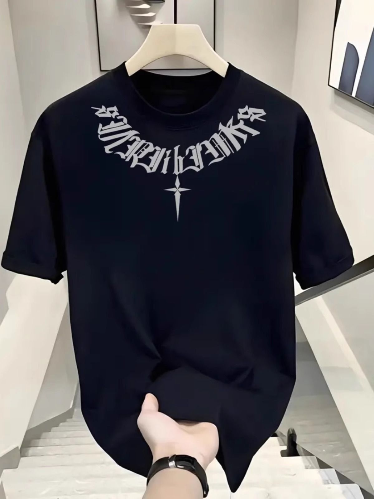 Men's Clothing Trendy Personalized Printed Short Sleeved T Shirt Summer Loose Korean Version Of All Match Round Neck Top_viptrois.com