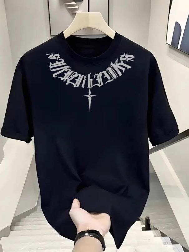 Men's Clothing Trendy Personalized Printed Short Sleeved T Shirt Summer Loose Korean Version Of All Match Round Neck Top_viptrois.com