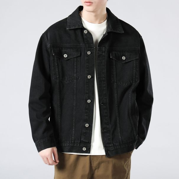 LKTM Men's Black Denim Jacket Vintage Washed Oversized Workwear Style Versatile Layering Unisex Streetwear Coat_viptrois.com