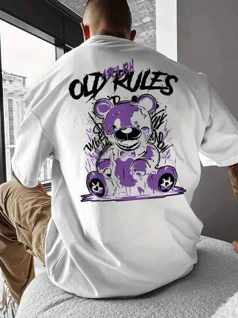 New Summer Men's Teddy Bear Letter Print Breathable Round Neck T-Shirt, Cross-Border Trendy Brand_viptrois.com