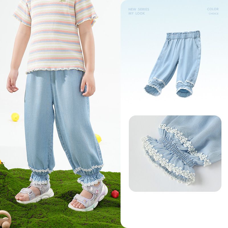 Mother & Kids Children's Tencel Denim Anti Mosquito Pants Thin Cool Trousers Girls Lace Loose Leggings Pants_viptrois.com