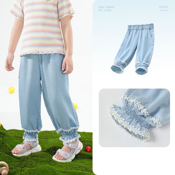 Mother & Kids Children's Tencel Denim Anti Mosquito Pants Thin Cool Trousers Girls Lace Loose Leggings Pants_viptrois.com