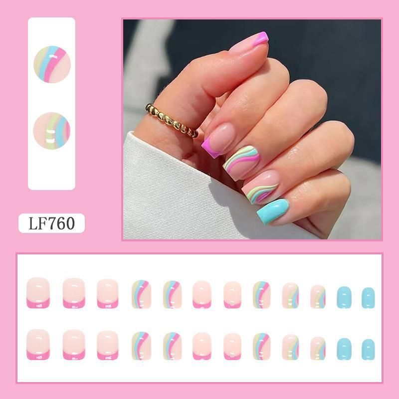 Nail Strips Rainbow Wearable Nails Short French Nail Art Wearable Nail Stickers Nail Art Stickers Nail Art Finished Products_viptrois.com