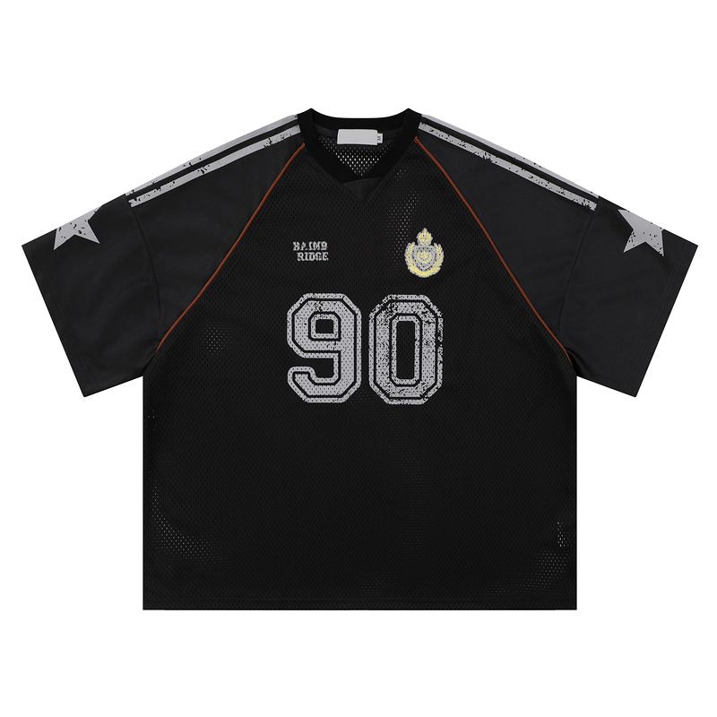 Men's Clothing Mesh Graffiti Star Badge Style Rugby Jersey Loose Short Sleeved T Shirt Men_viptrois.com