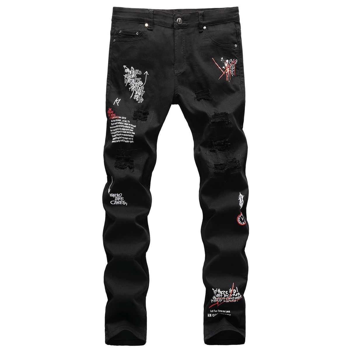 Men's Stretch Skinny Jeans Ripped Distressed Patchwork Embroidery Print Black Denim Pants High Street Fashion_viptrois.com