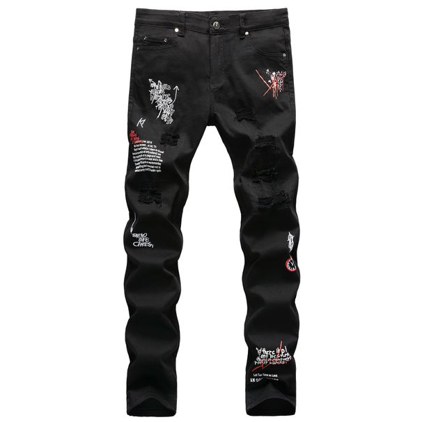 Men's Stretch Skinny Jeans Ripped Distressed Patchwork Embroidery Print Black Denim Pants High Street Fashion_viptrois.com