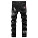 Men's Stretch Skinny Jeans Ripped Distressed Patchwork Embroidery Print Black Denim Pants High Street Fashion_viptrois.com