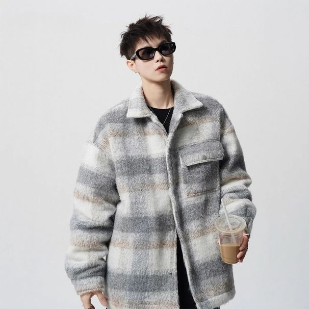 Xiaoxiangfeng Woolen Plaid Coat Men's Spring And Autumn Collar Single Breasted Coat Retro Couple Jacket_viptrois.com