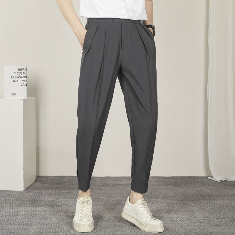 Summer Casual Men's Slim Fit Tapered Leg Dress Pants Loose Korean Style Versatile Trendy Cropped Harem Pants_viptrois.com