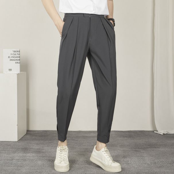 Summer Casual Men's Slim Fit Tapered Leg Dress Pants Loose Korean Style Versatile Trendy Cropped Harem Pants_viptrois.com