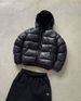Men's Winter Puffer Jacket With Geometric Print, Thickened Hooded Short Coat, 80% White Duck Down Filling, Lightweight Polyester Shell (Black, Grey)_viptrois.com