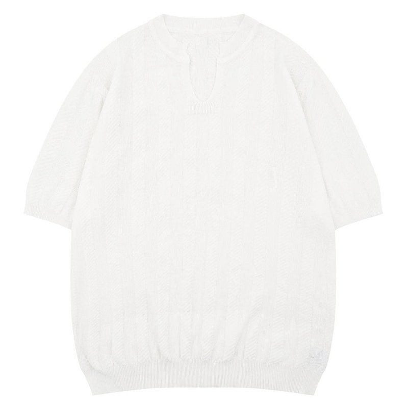 Men's Clothing Texture V Neck Knitted Bottom Short Sleeved Trendy Solid Color Fine Wool Half Sleeved T Shirt_viptrois.com