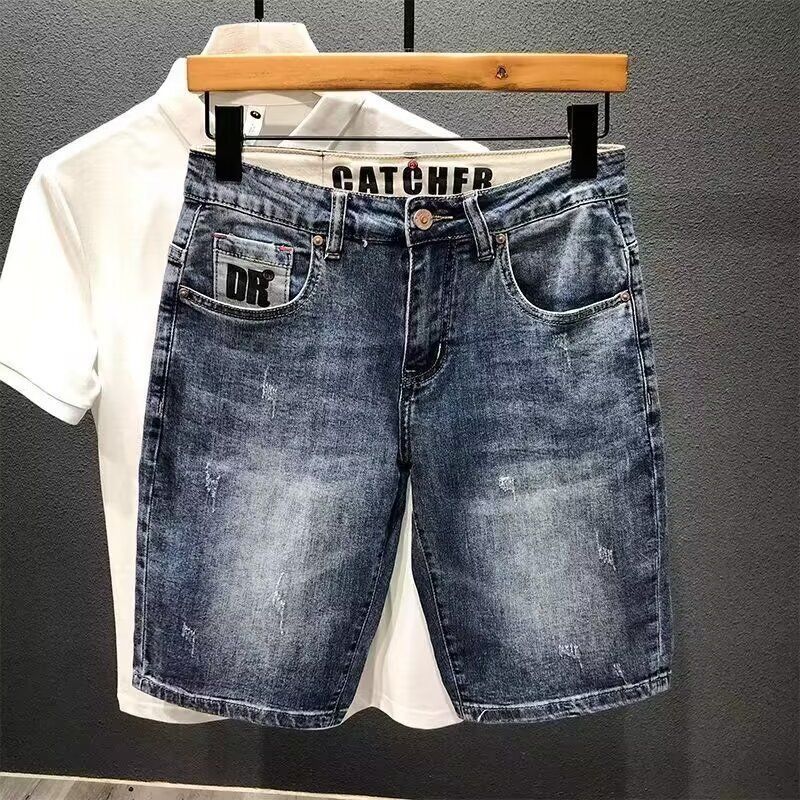 Men's Slim Fit Straight Leg Stretch Denim Shorts New Summer Style High Street Versatile Five Point_viptrois.com