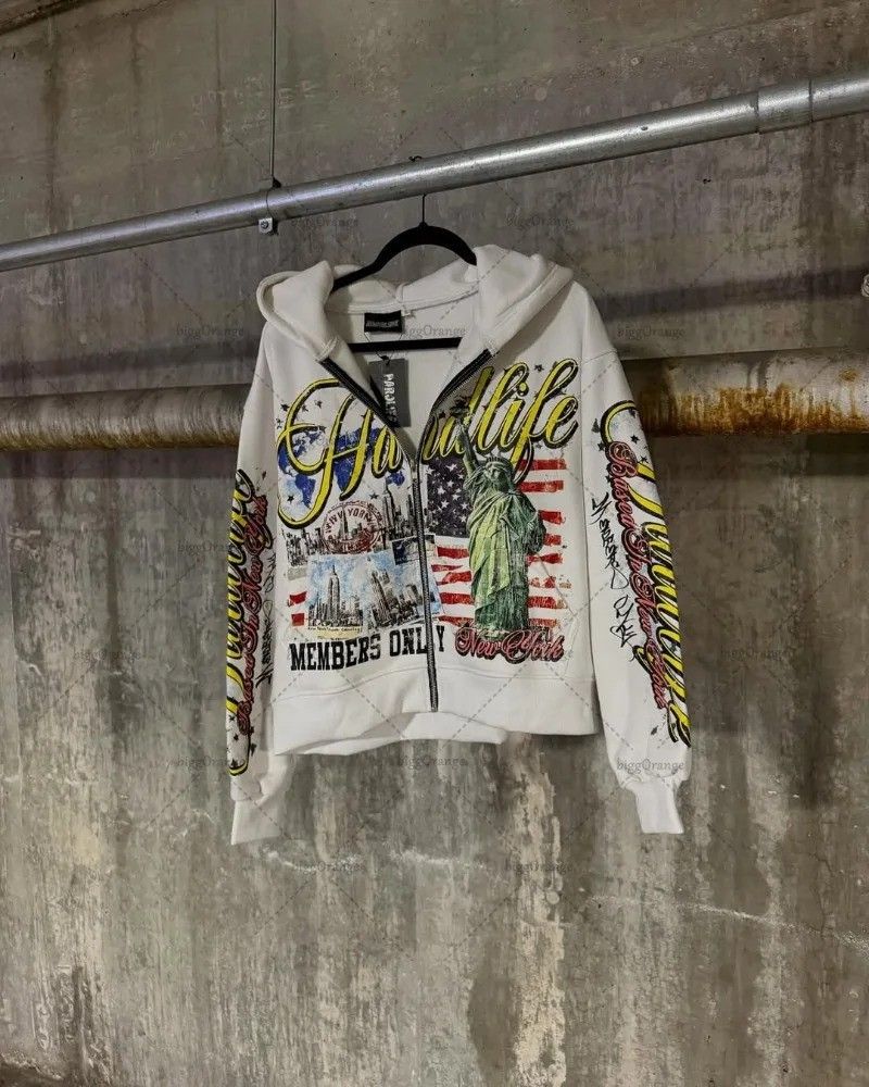 Hip Hop Y2K Streetwear American Retro Hooded Cardigan Men's Loose Sports Harajuku Style Sweatshirt Trendy Letter Print_viptrois.com