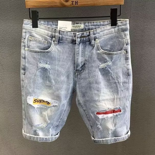 Men's Summer Denim Shorts 5-Inch Inseam Casual Comfort Fit Lightweight Cotton Embroidery Design Mid Waist Straight Leg_viptrois.com
