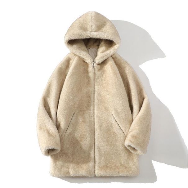 Men's Eco-Friendly Faux Fur Hooded Parka, Oversized Longline Zip-Up Winter Coat With Windproof Polyester Shell In Beige/Coffee (Sizes S-4XL)_viptrois.com