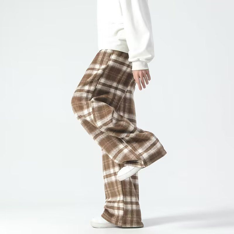 Men's Clothing Plaid contrast color casual pants men's spring new style fresh loose straight pants men and women the same style wide leg pants_viptrois.com