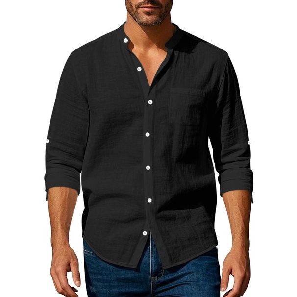 Men's Clothing Spring And Autumn Linen Shirt Long Sleeved Stand Up Collar Breathable Casual Pocket Shirt_viptrois.com