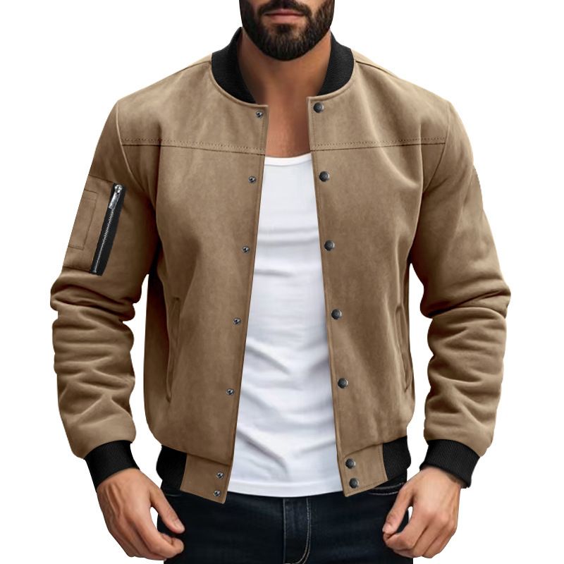 Men's Retro Baseball Jacket – Heavyweight Suede Cardigan With Button Front, Vintage Flight Bomber Style_viptrois.com