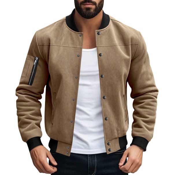 Men's Retro Baseball Jacket – Heavyweight Suede Cardigan With Button Front, Vintage Flight Bomber Style_viptrois.com