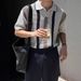 Men's Clothing Summer Ins Hollow Striped Color Knitted Polo Shirt Boys Niche Short Sleeved Tops_viptrois.com