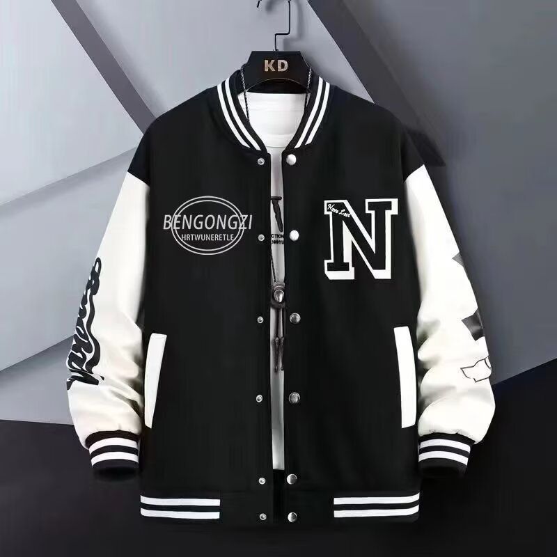 Men's Streetwear Baseball Jacket – Oversized Unisex Varsity Coat With Print & Ribbed Hem (S-3XL, Black/Blue/Green/White)_viptrois.com