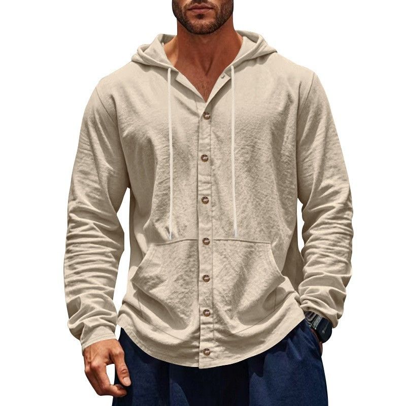 Men's Loose Linen Casual Shirt Spring Autumn American Style Beach Hooded Long Sleeved Simple Design For Men_viptrois.com