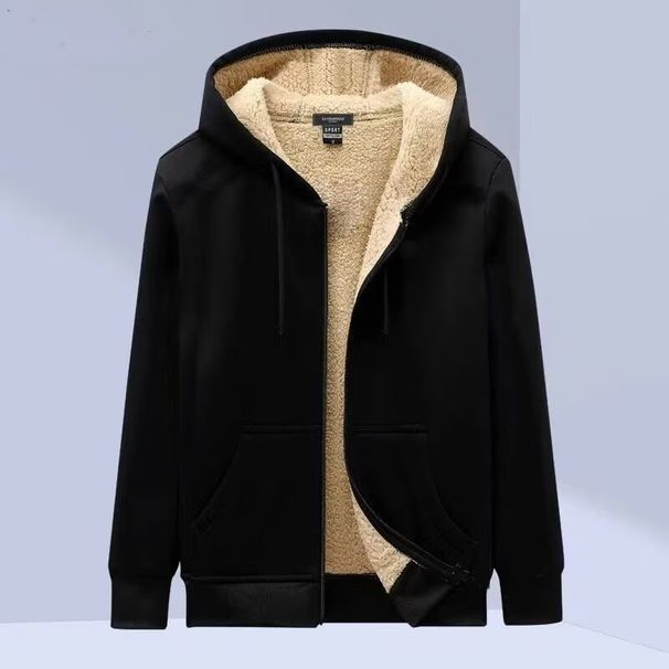 "Men's Fleece-Lined Hooded Cardigan – Plush Velvet Texture, Oversized Fit (Black, M-5XL)"_viptrois.com