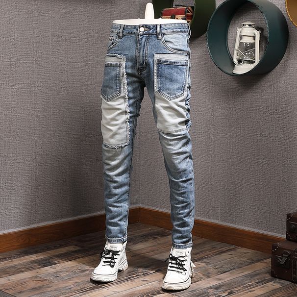 Men's Clothing Slim Fitting Skinny Elastic Long Pants Men's Stitching Hole Patches_viptrois.com