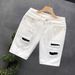 Patch Ripped Denim Trendy Brand Loose Straight Five Quarter Pants Men's Summer Thin White Casual Shorts_viptrois.com