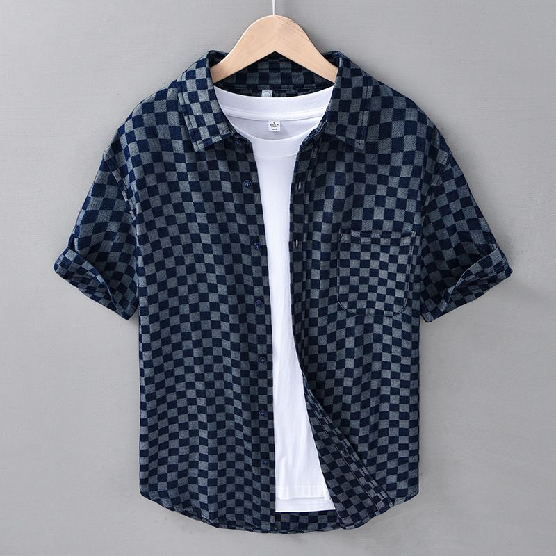 Men's Clothing Summer Men's Fashion Plaid Short Sleeved Denim Shirt Comfortable Youth Handsome Casual All Match Cotton Shirt_viptrois.com