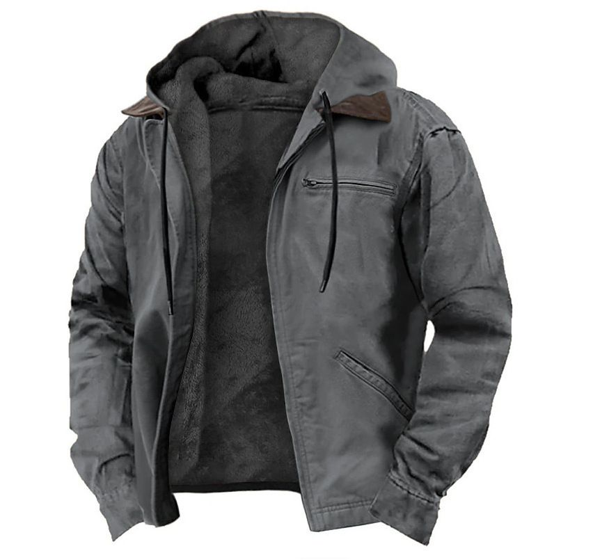 Solid Color Hooded Cotton Casual Men's Velvet Zipper Pocket Jacket Jacket_viptrois.com