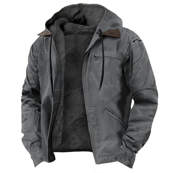 Solid Color Hooded Cotton Casual Men's Velvet Zipper Pocket Jacket Jacket_viptrois.com