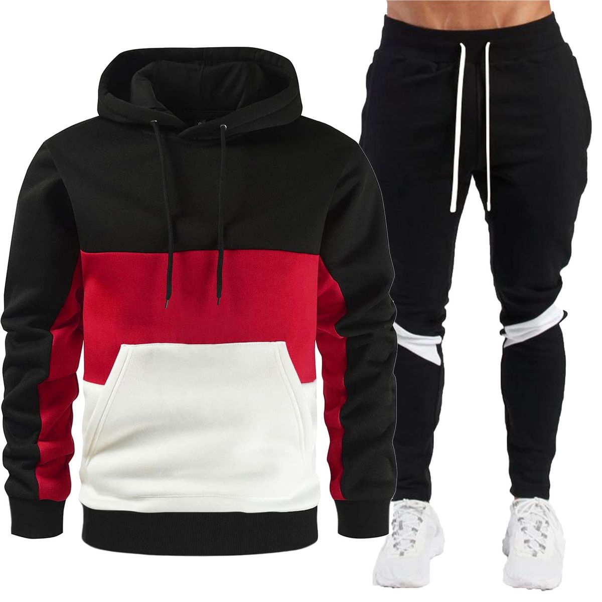 Tri-Color Hooded Tracksuit Set – Men’s Athletic Jogger & Zip-Up (M-XXXL, 6 Color Blocks, 90% Polyester)_viptrois.com