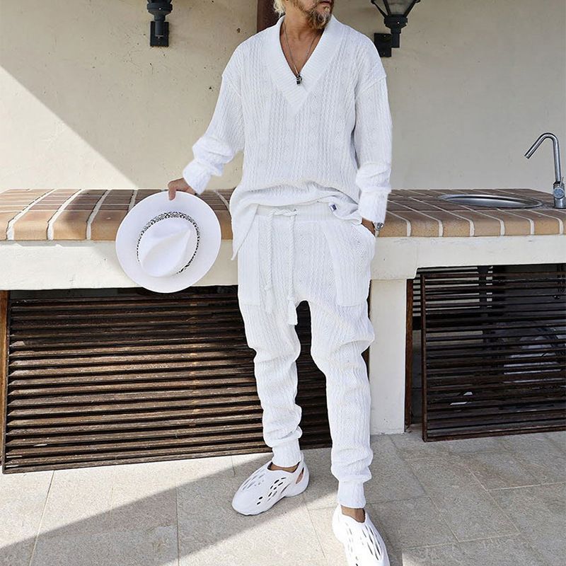 Men's suit autumn new casual knit suit men's summer loose long-sleeved shirt trousers men's wear_viptrois.com