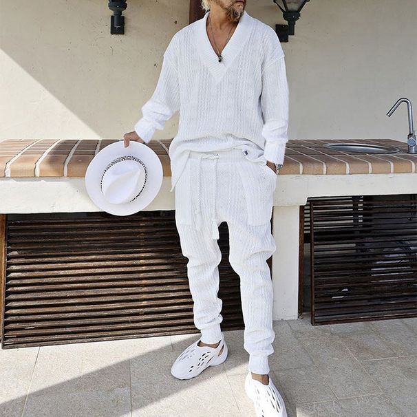 Men's suit autumn new casual knit suit men's summer loose long-sleeved shirt trousers men's wear_viptrois.com