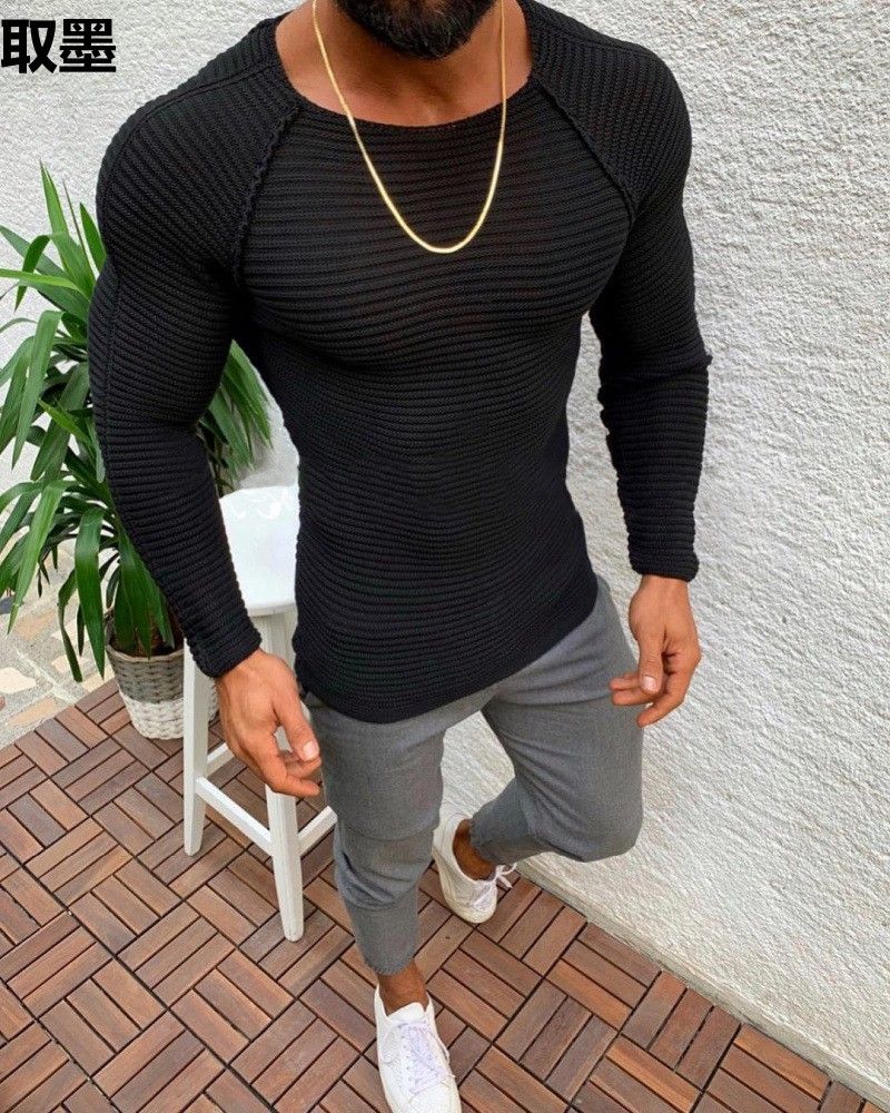 Loom Foreign Trade 2023 European And American Style Autumn Winter Fashion Men's Solid Color Knitted Slim Fit Handsome_viptrois.com