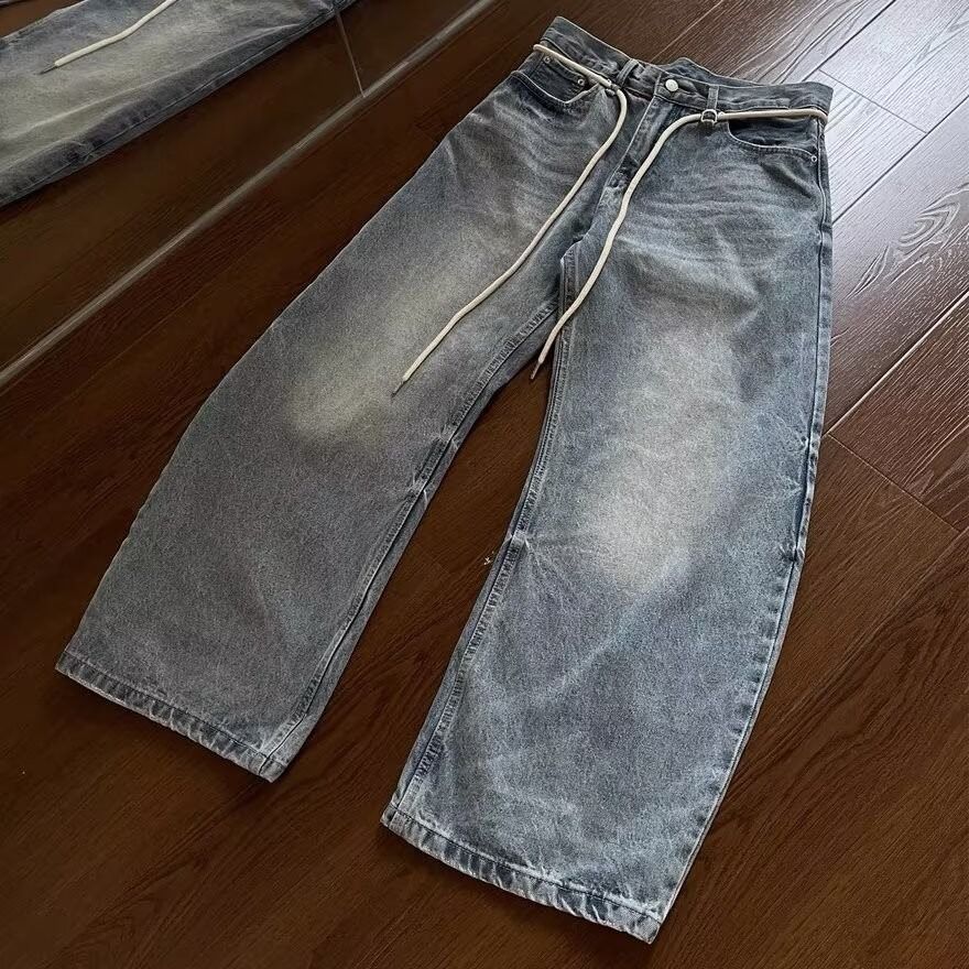Retro Straight-Leg Jeans – Vintage Washed Denim Pants With Adjustable Drawstring (Blue, S-3xl, Unisex)_viptrois.com