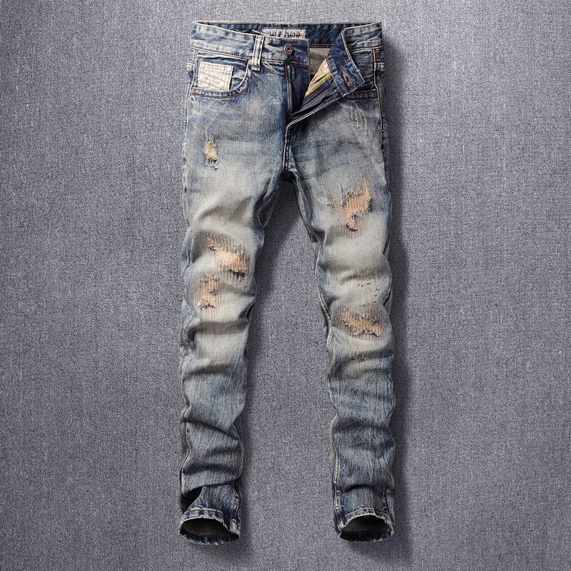 Men's Clothing Ripped Patch Jeans Men's Elastic Slim Fit Slim Feet Retro Old Trendy Straight_viptrois.com